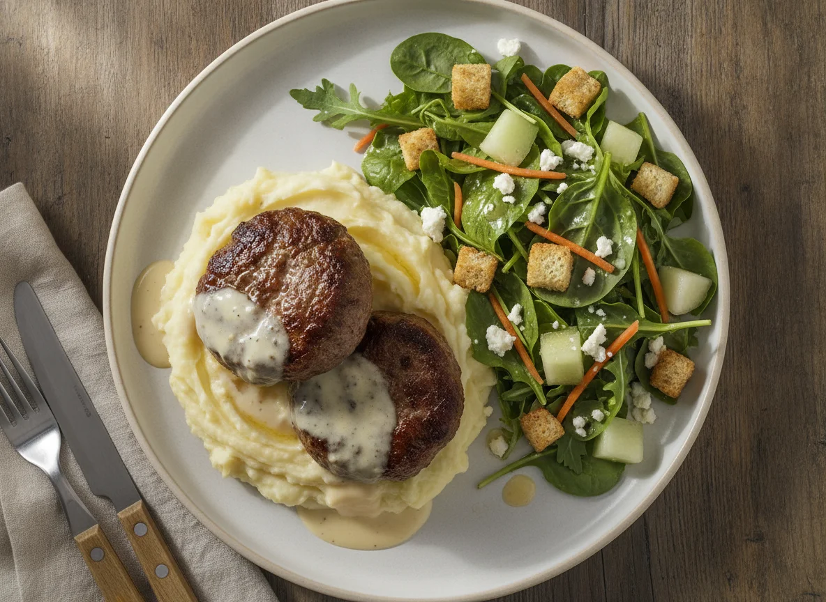 Beef patties with mashed potatoes and side salad photo