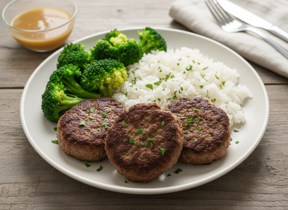 Beef Patties with Rice and Broccoli photo