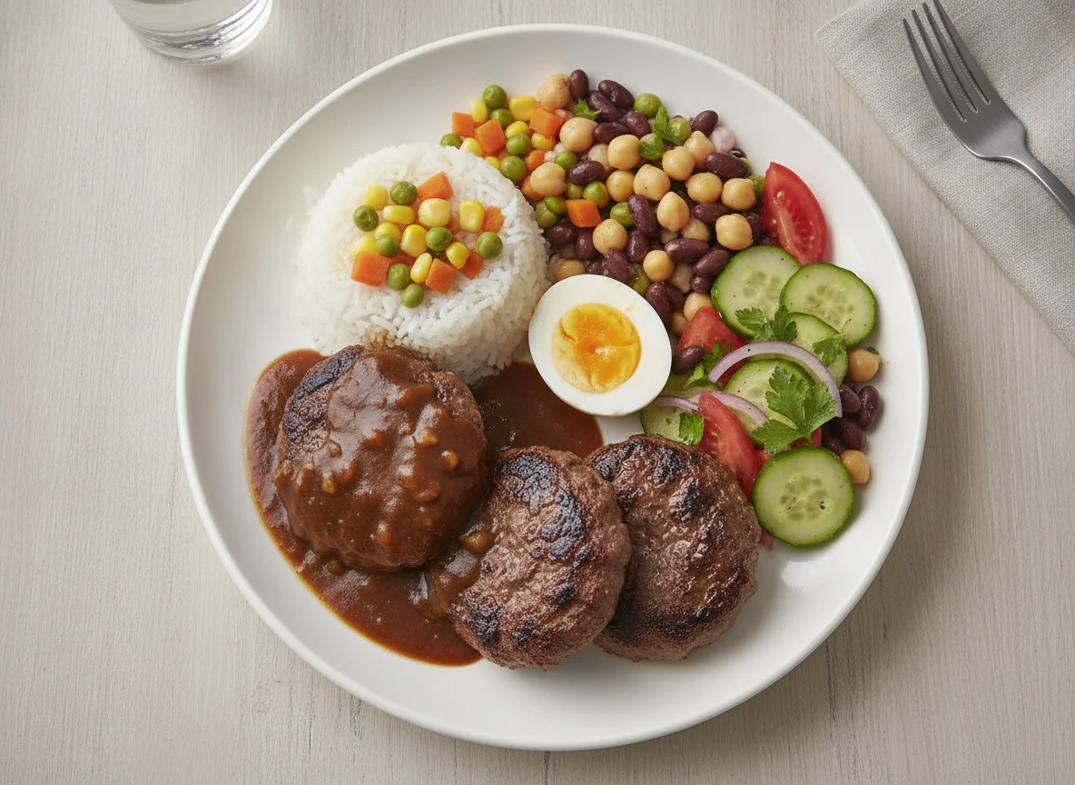 Beef patties with rice and mixed bean salad photo