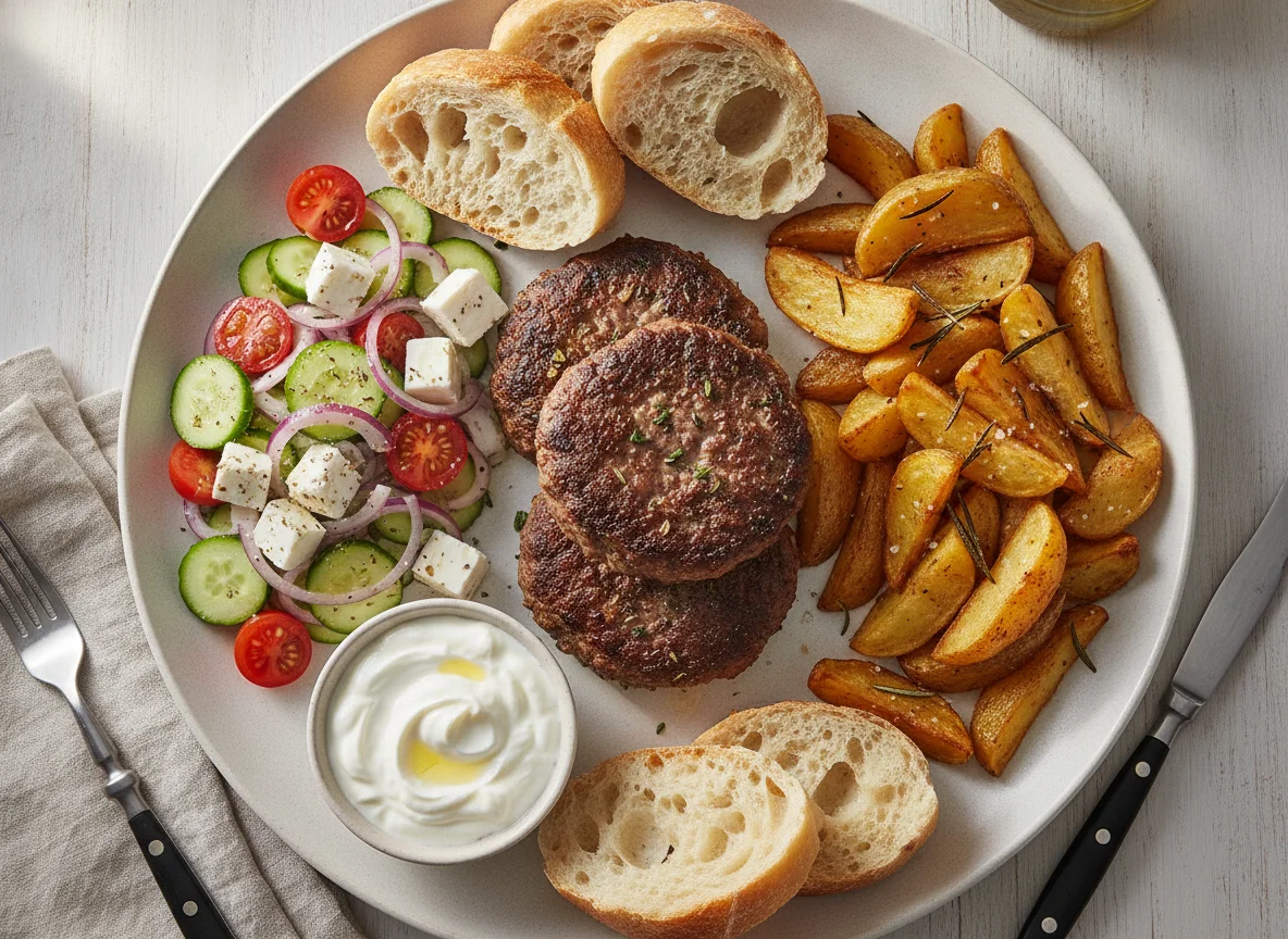 Beef patties with roasted potatoes, Greek salad, and baguette photo