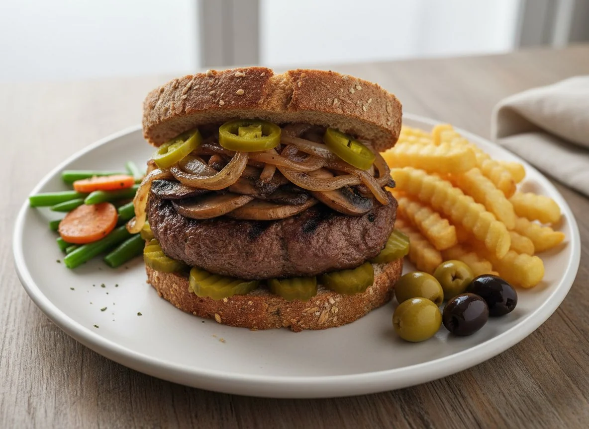 Beef Patty Sandwich with Fries and Olives photo