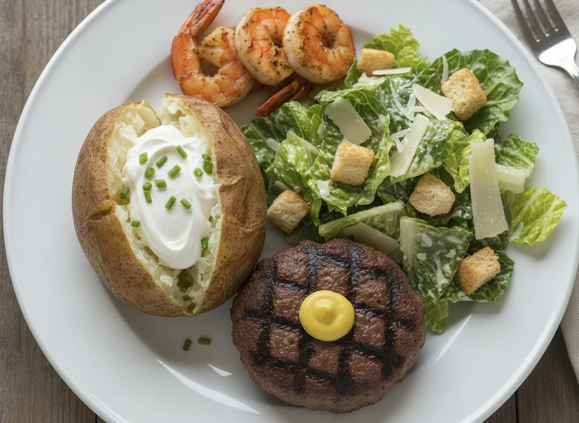 Beef Patty with Baked Potato, Caesar Salad, and Shrimp photo