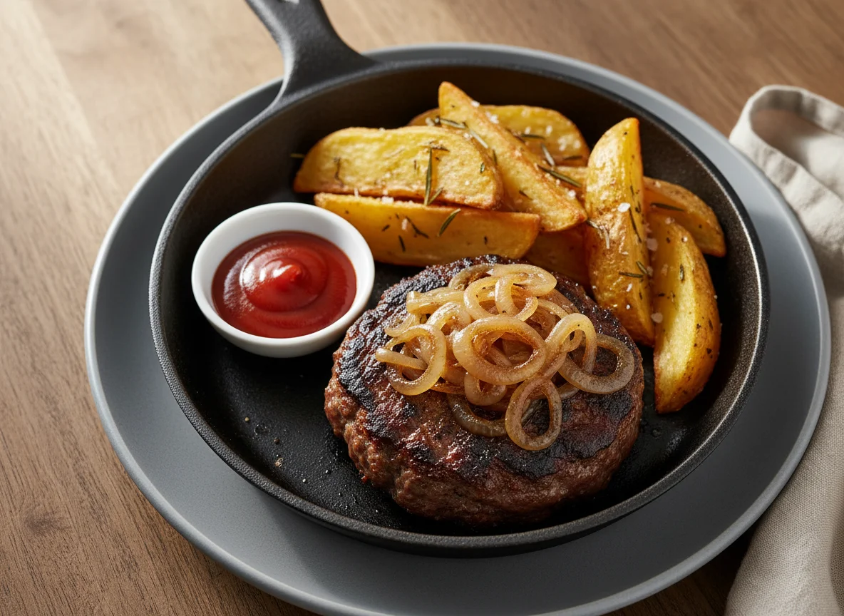 Beef Patty with Caramelized Onions and Potato Wedges photo