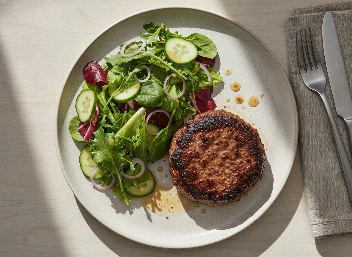Beef Patty with Mixed Green Salad photo