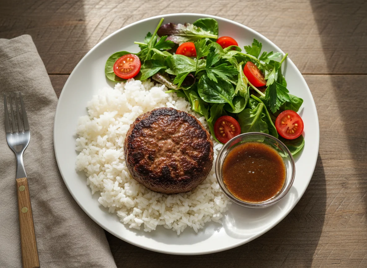 Beef Patty with Rice and Salad photo