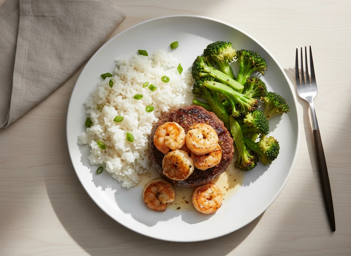 Beef Patty with Shrimp, Broccoli and Rice photo