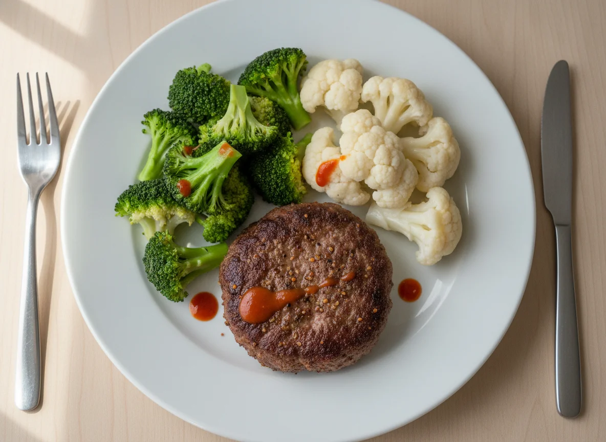Beef Patty with Steamed Broccoli and Cauliflower photo