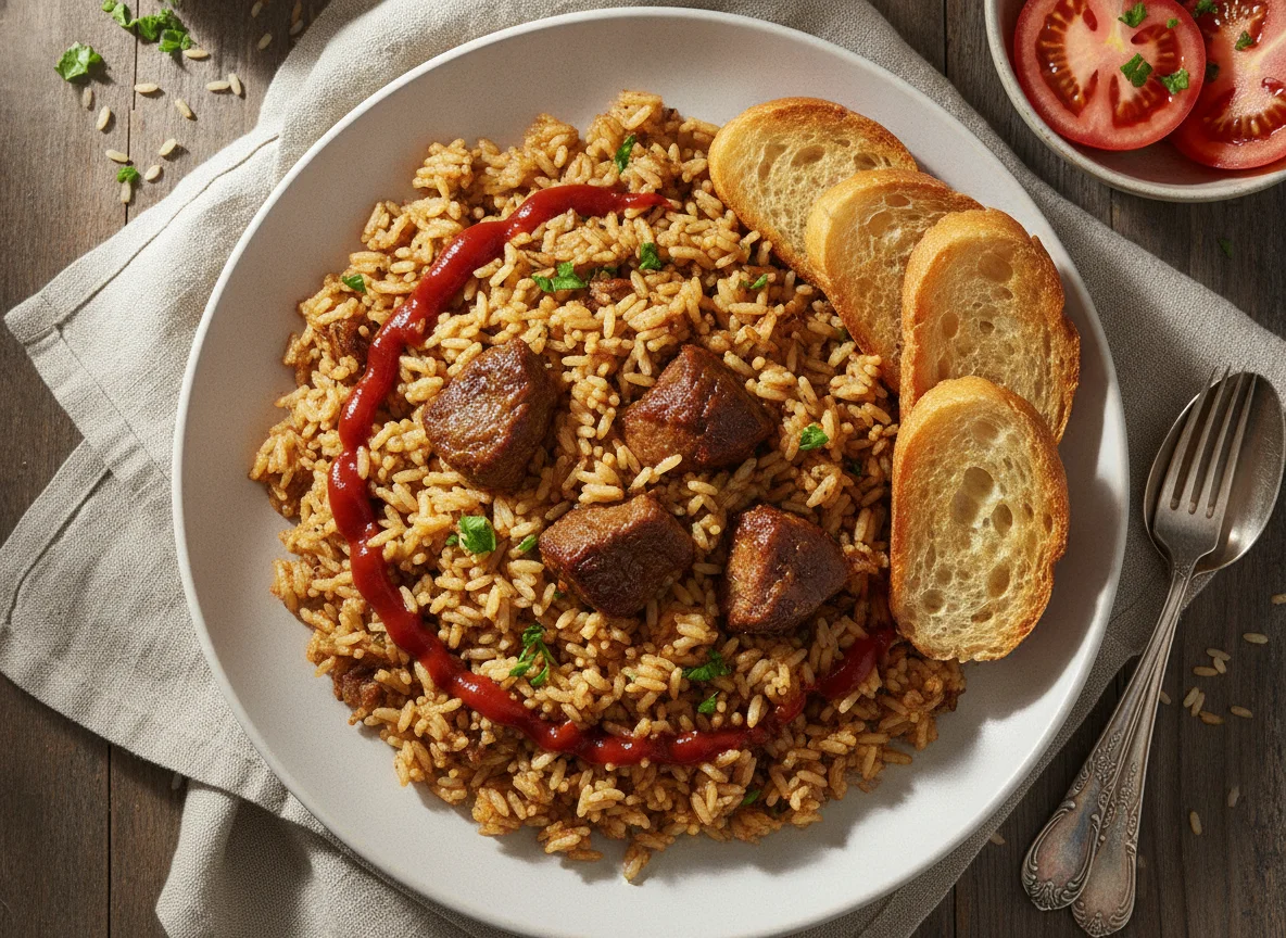 Beef Pilaf with Baguette and Tomatoes photo