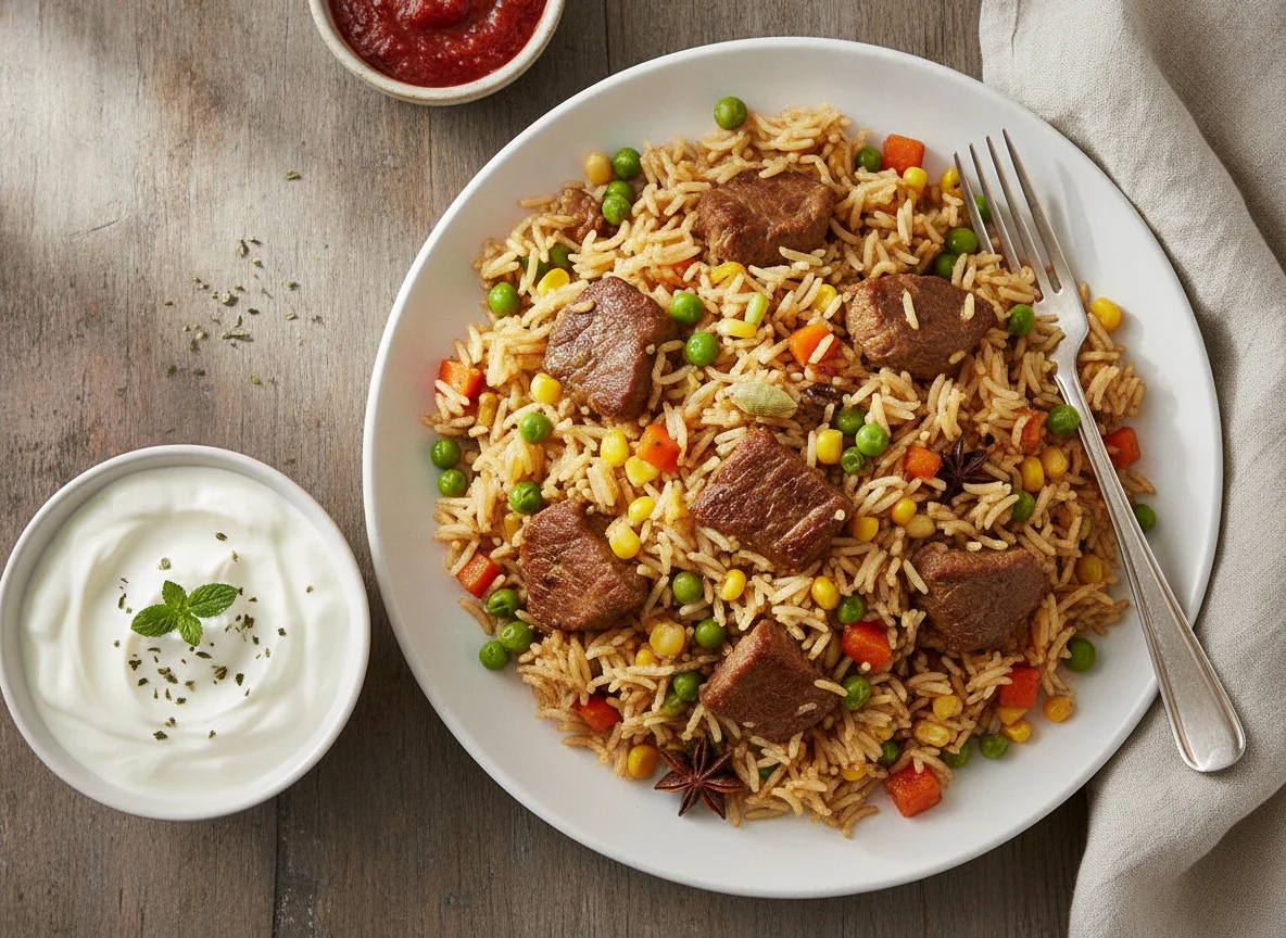Beef Pilau with Mixed Vegetables and Yogurt photo