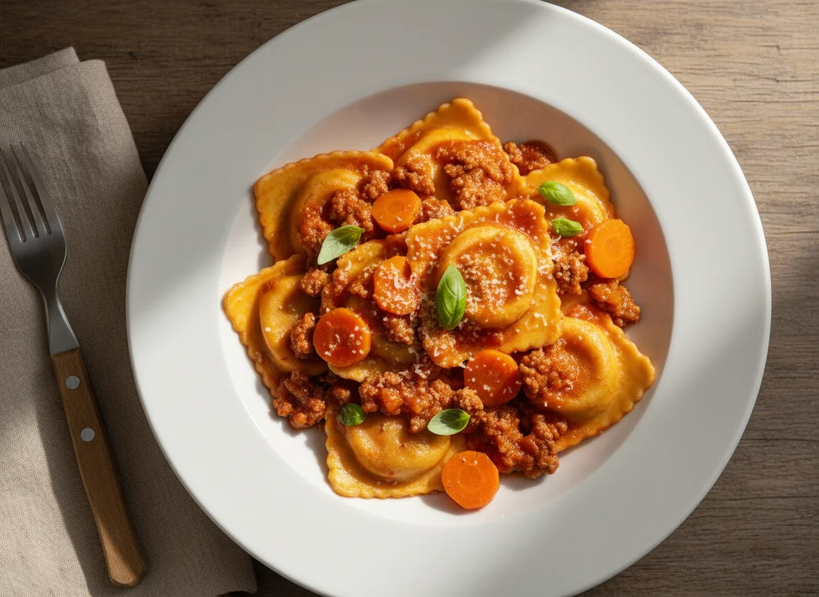 Beef Ravioli with Carrots and Tomato Sauce photo