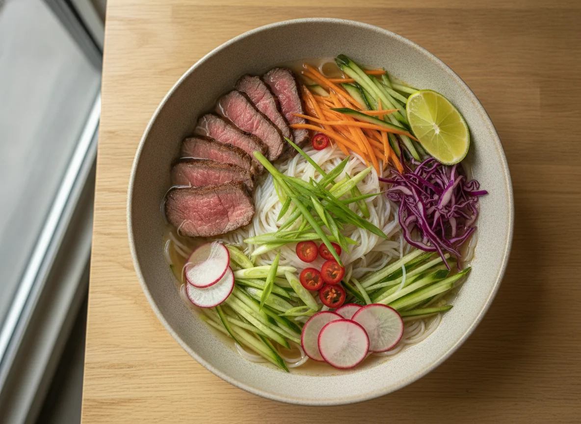 Beef Rice Noodle Bowl with Fresh Vegetables photo