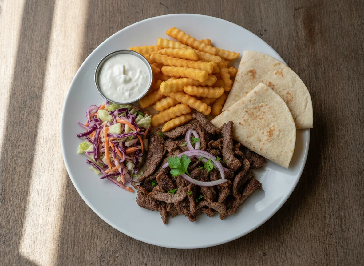 Beef Shawarma Platter with Fries and Garlic Sauce photo
