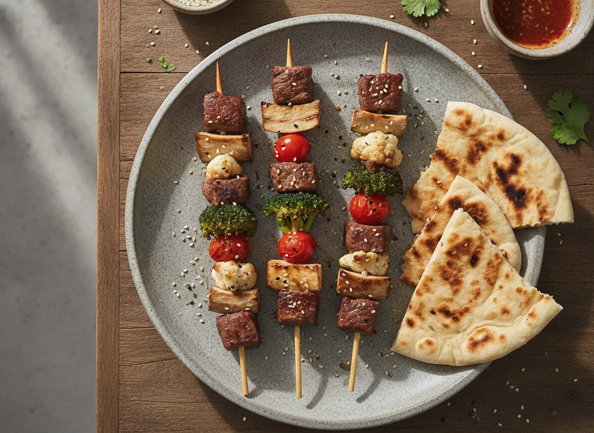 Beef Skewers with King Oyster Mushrooms and Vegetables photo