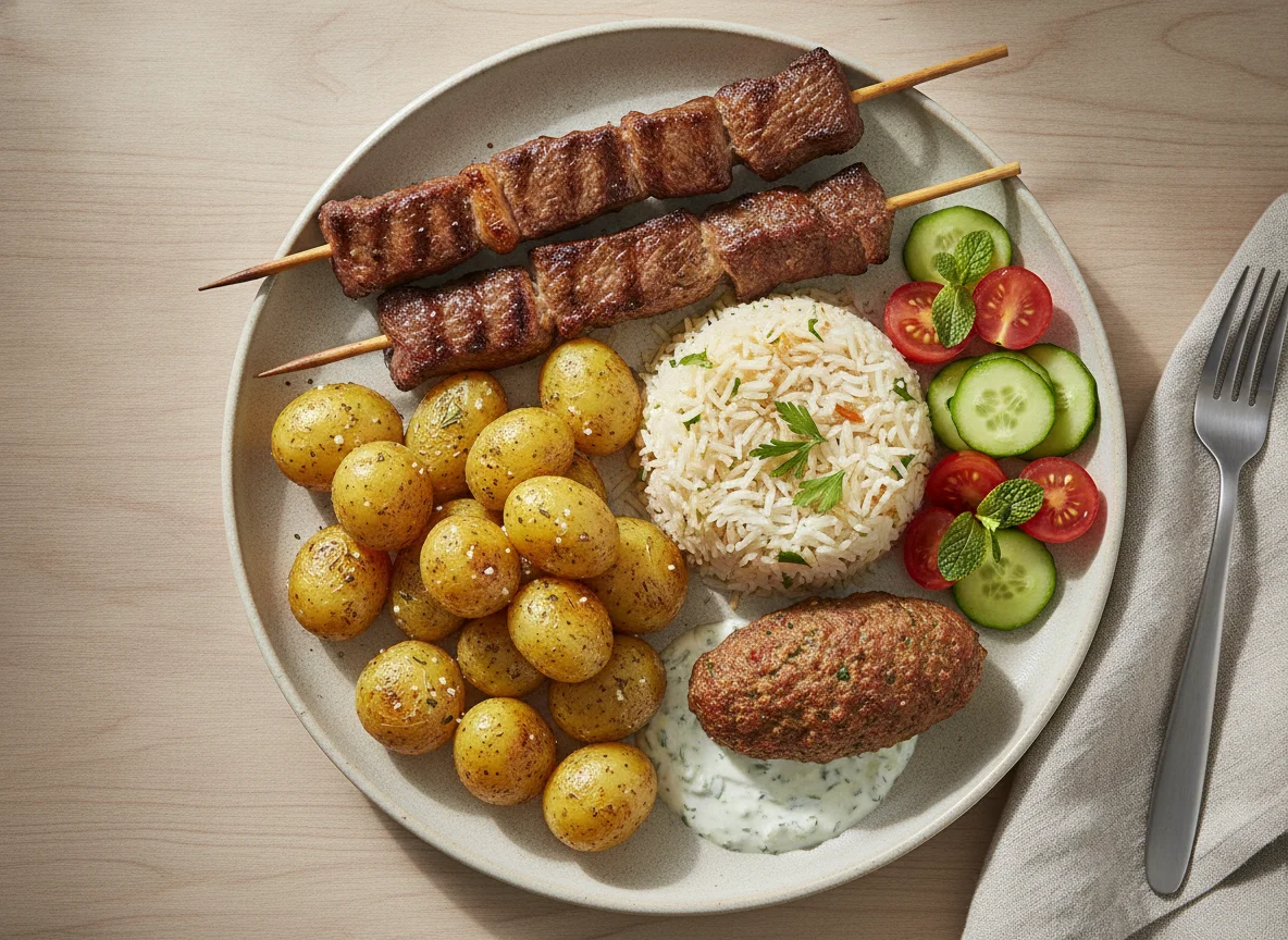 Beef skewers with roasted potatoes, rice, and salad photo