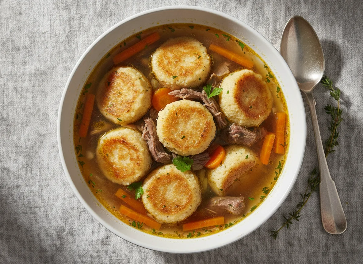 Beef soup with semolina dumplings photo