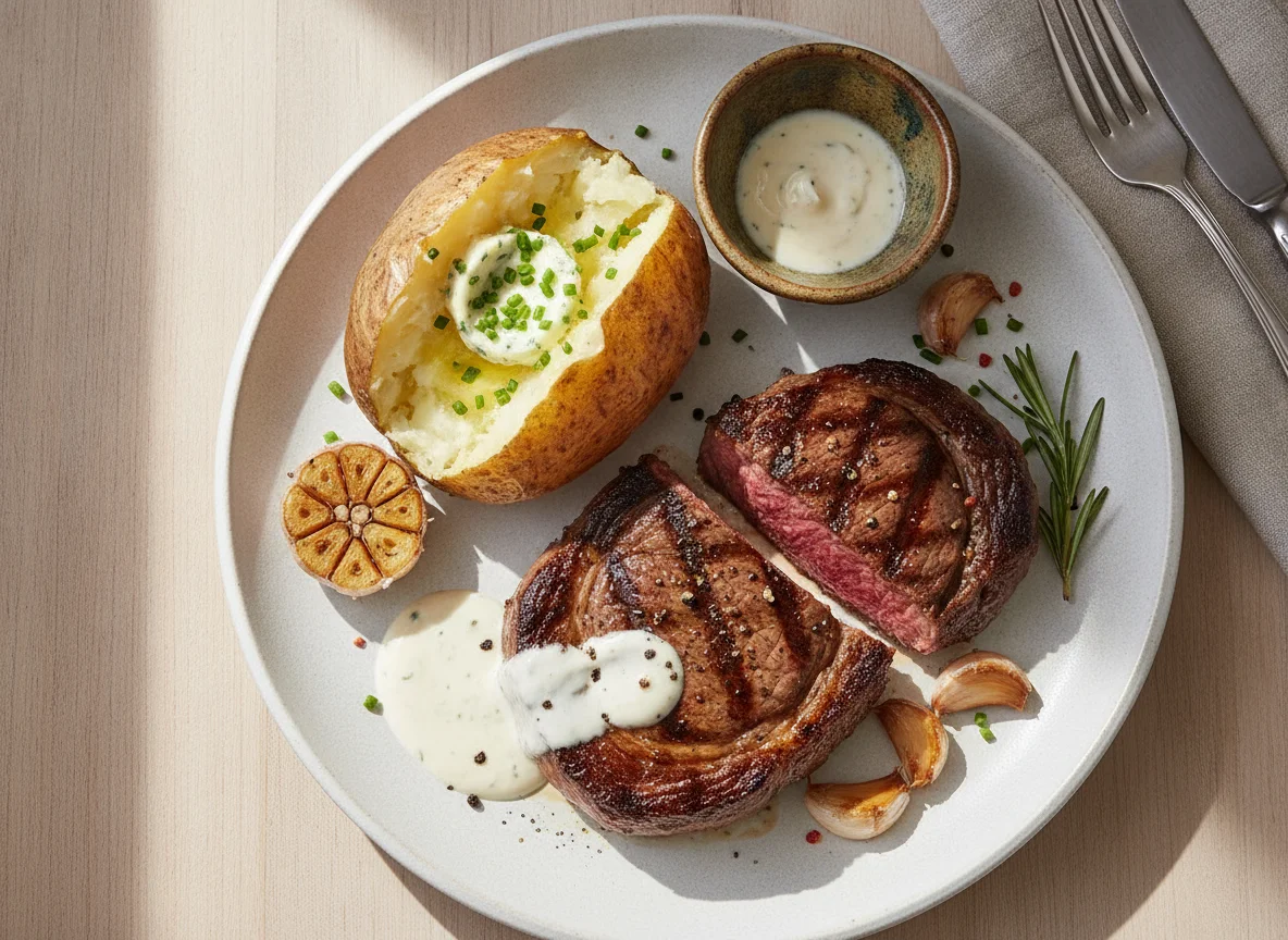 Beef steak with baked potato and garlic sauce photo