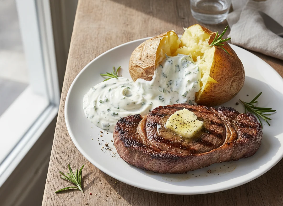 Beef steak with baked potato and skyr sauce photo