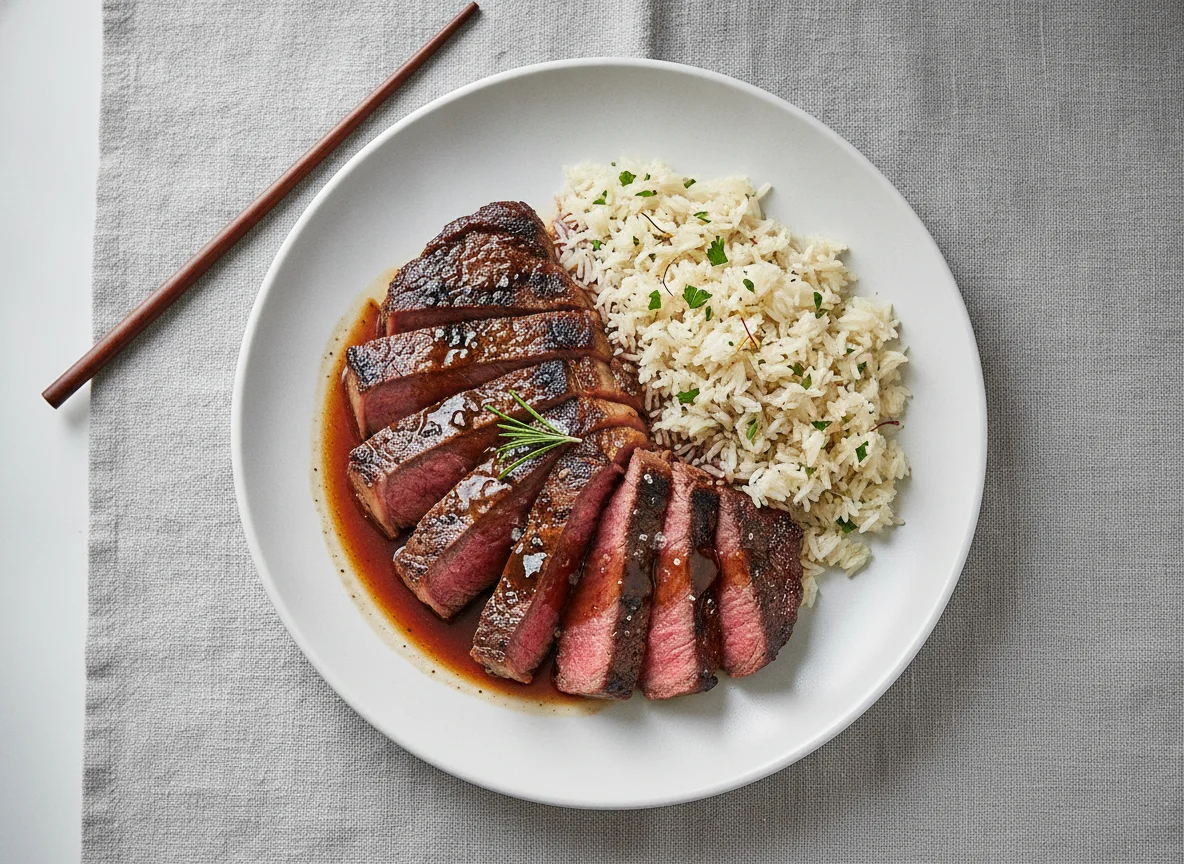 Beef steak with basmati rice photo