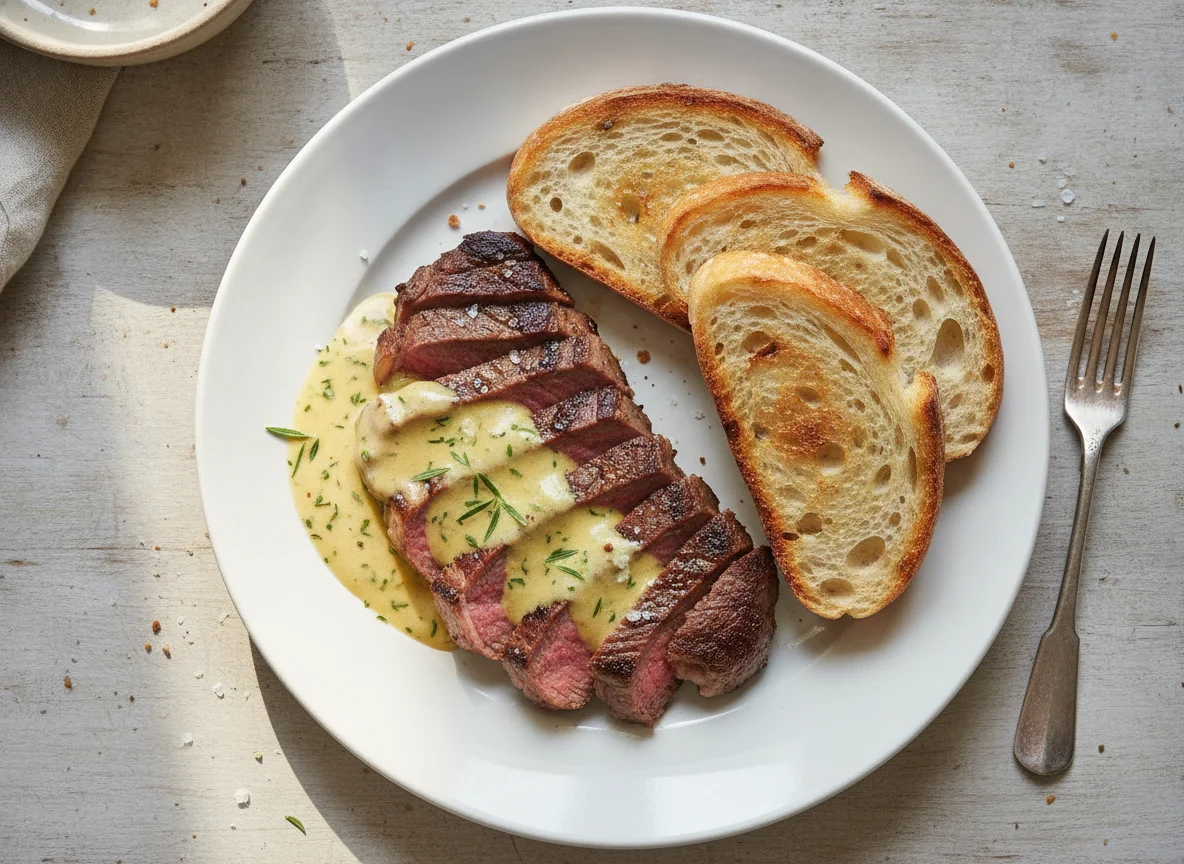 Beef steak with Bearnaise sauce and toasted bread photo