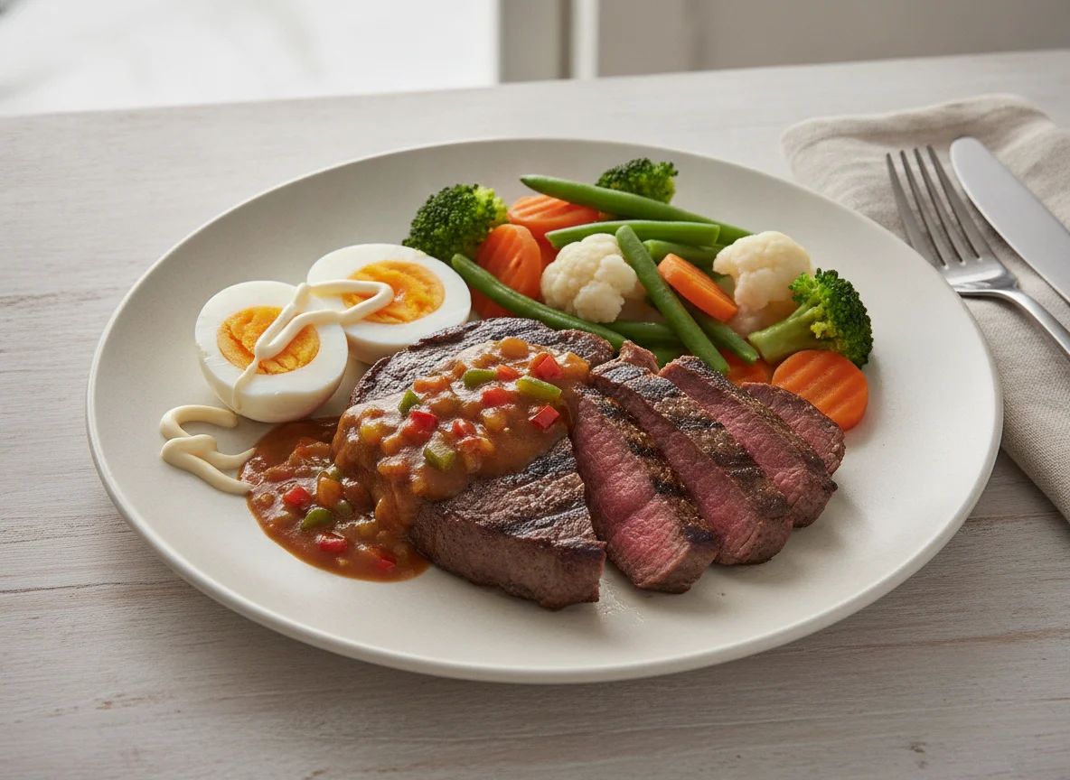 Beef steak with boiled eggs and mixed vegetables photo
