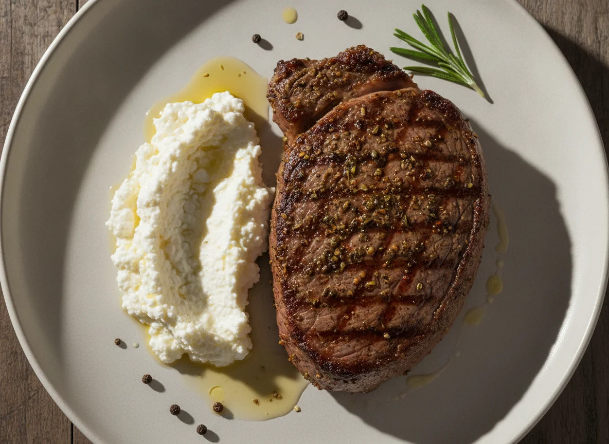 Beef steak with cottage cheese photo