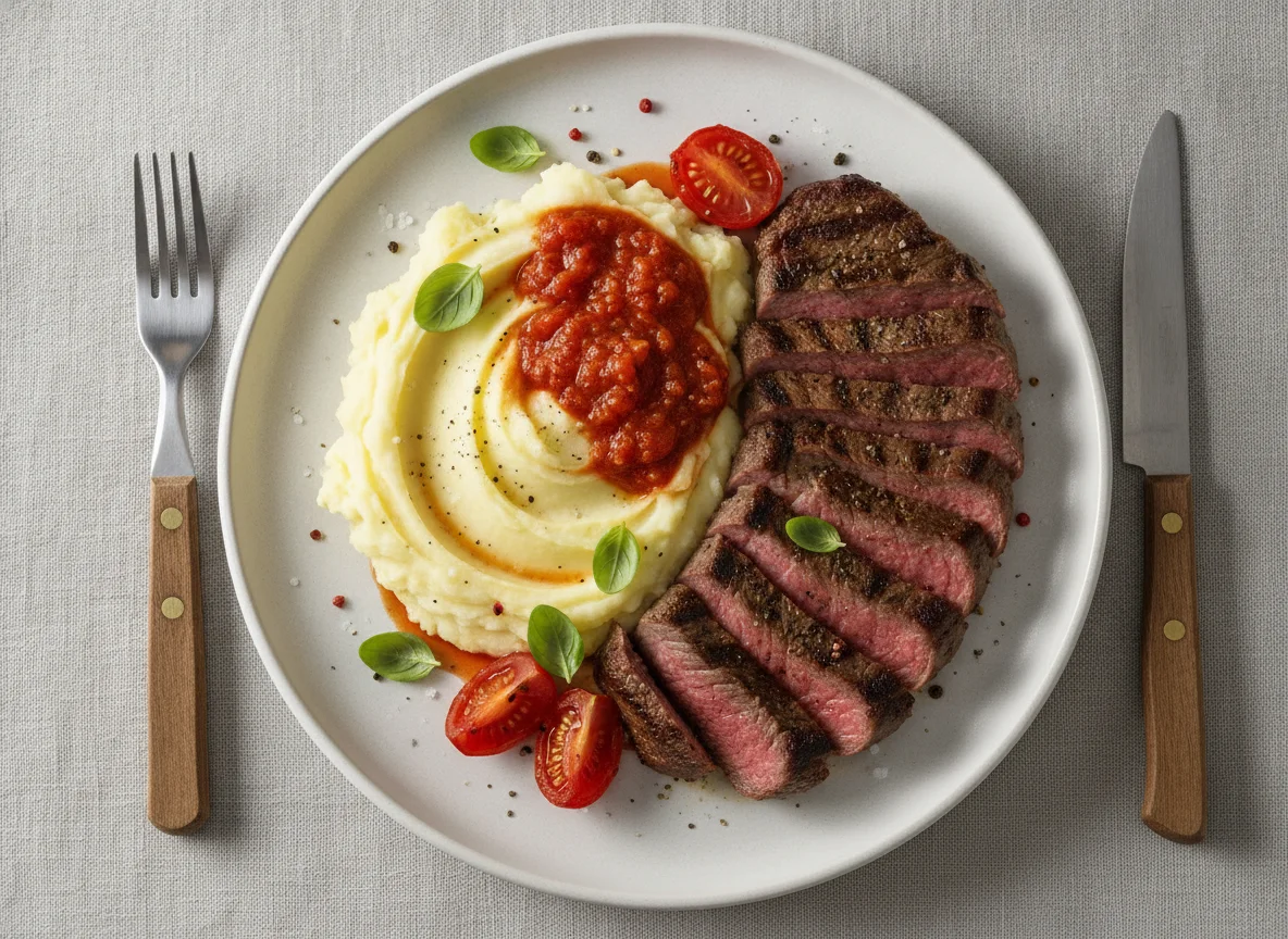 Beef steak with mashed potatoes and tomato sauce photo