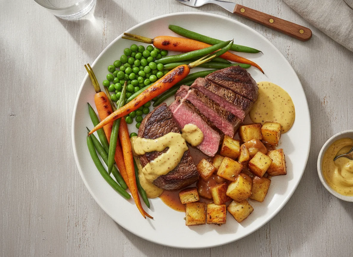 Beef steak with mixed vegetables and mustard sauce photo