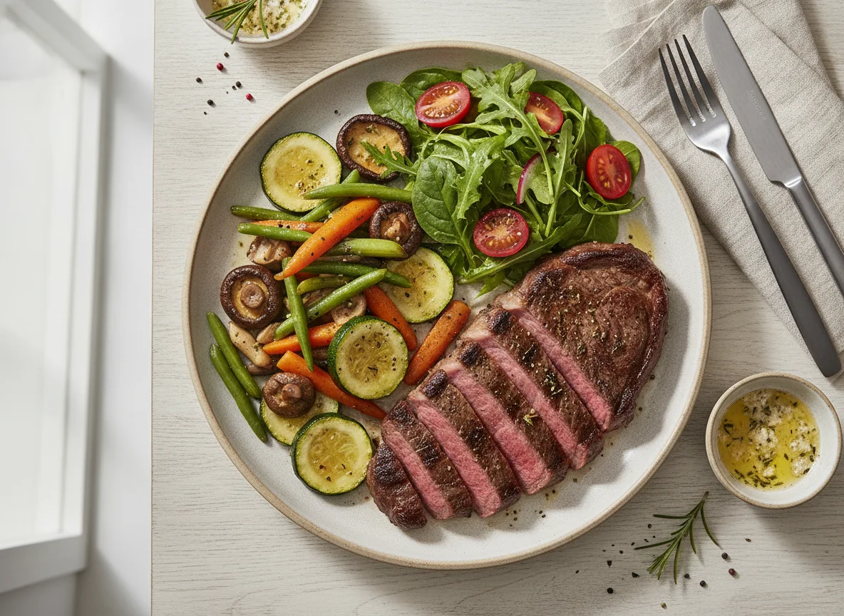 Beef Steak with Mixed Vegetables and Salad photo
