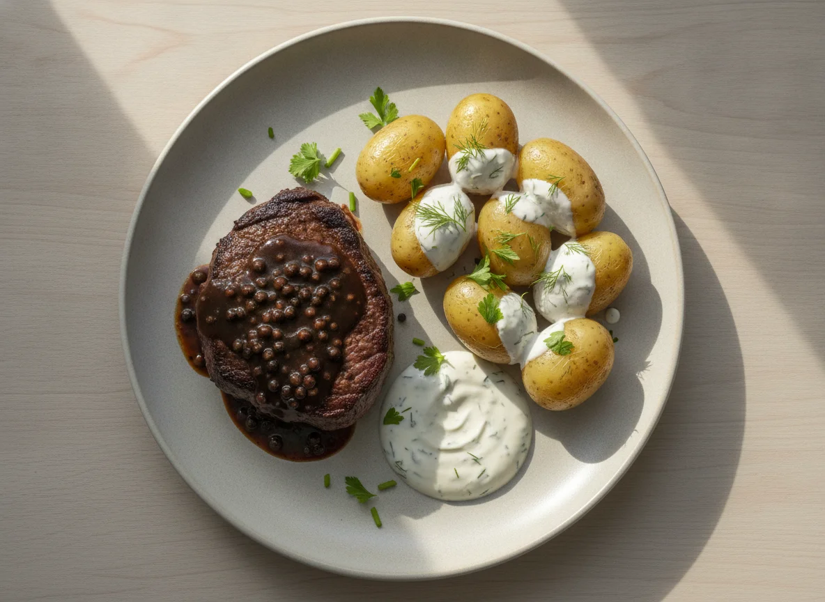 Beef steak with peppercorn sauce, boiled potatoes and skyr sauce photo