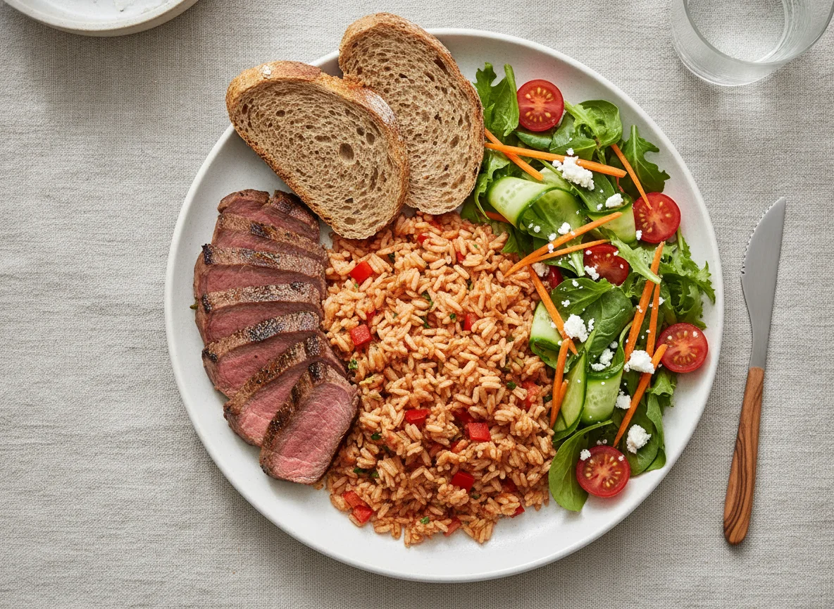 Beef Steak with Red Rice and Salad photo