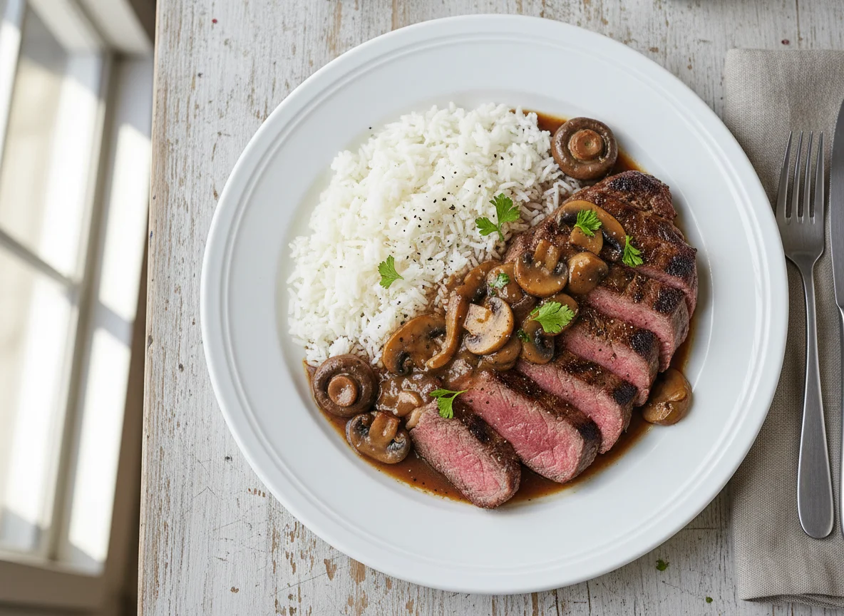 Beef Steak with Rice and Mushrooms photo