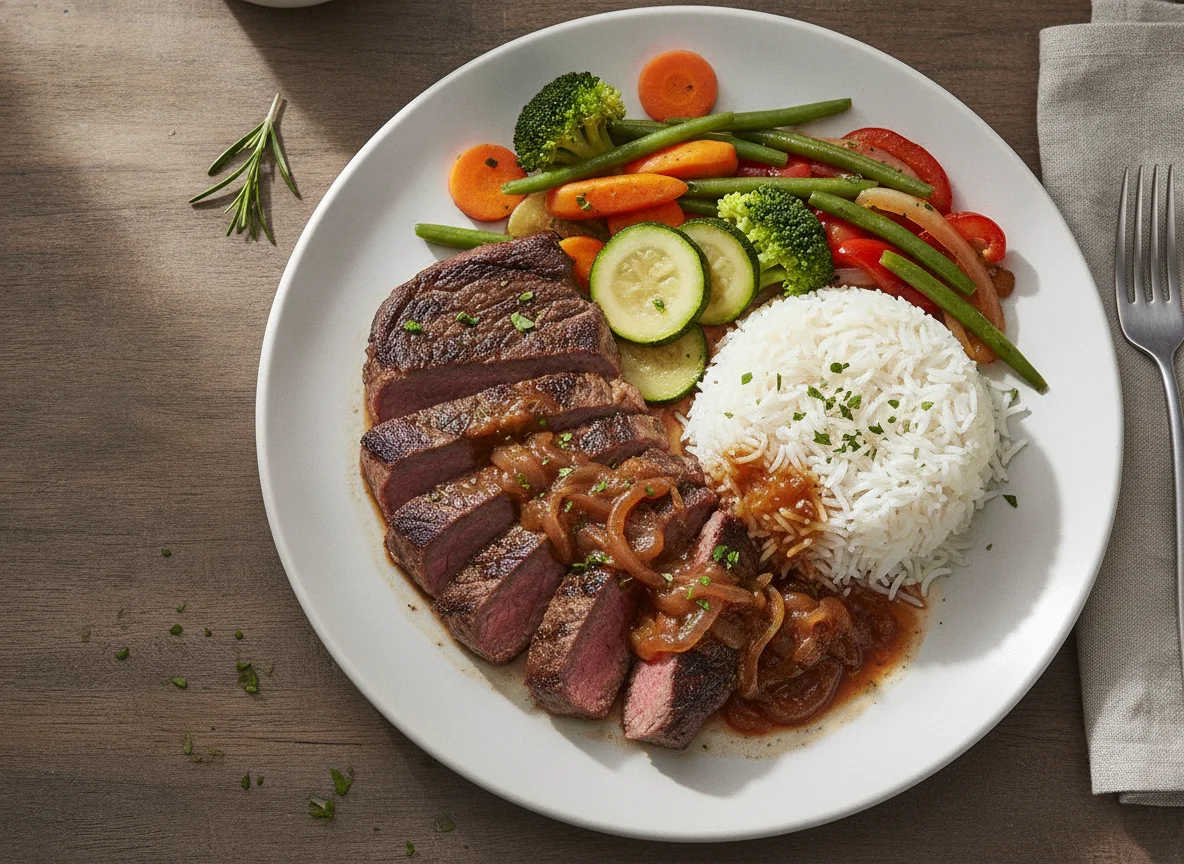 Beef steak with rice and steamed vegetables photo