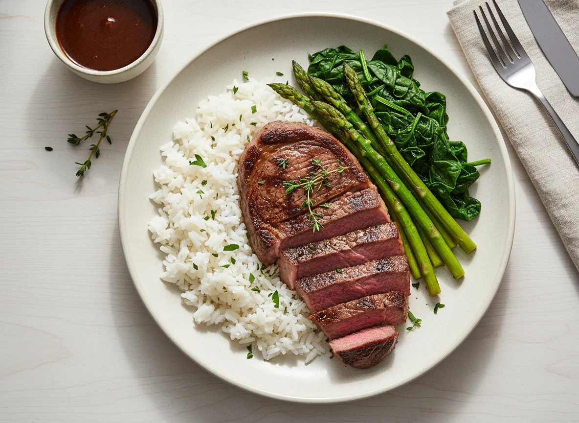 Beef Steak with Rice and Vegetables photo