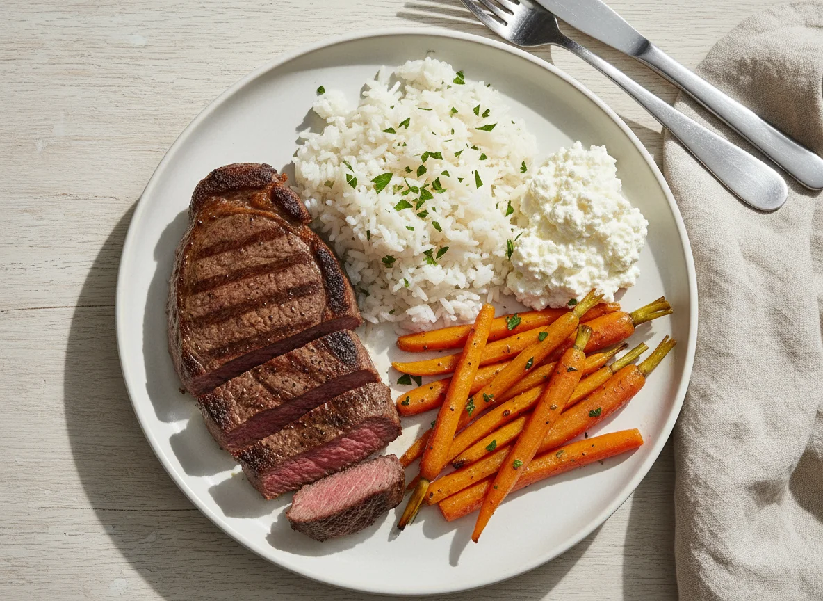 Beef Steak with Rice, Cottage Cheese, and Carrots photo