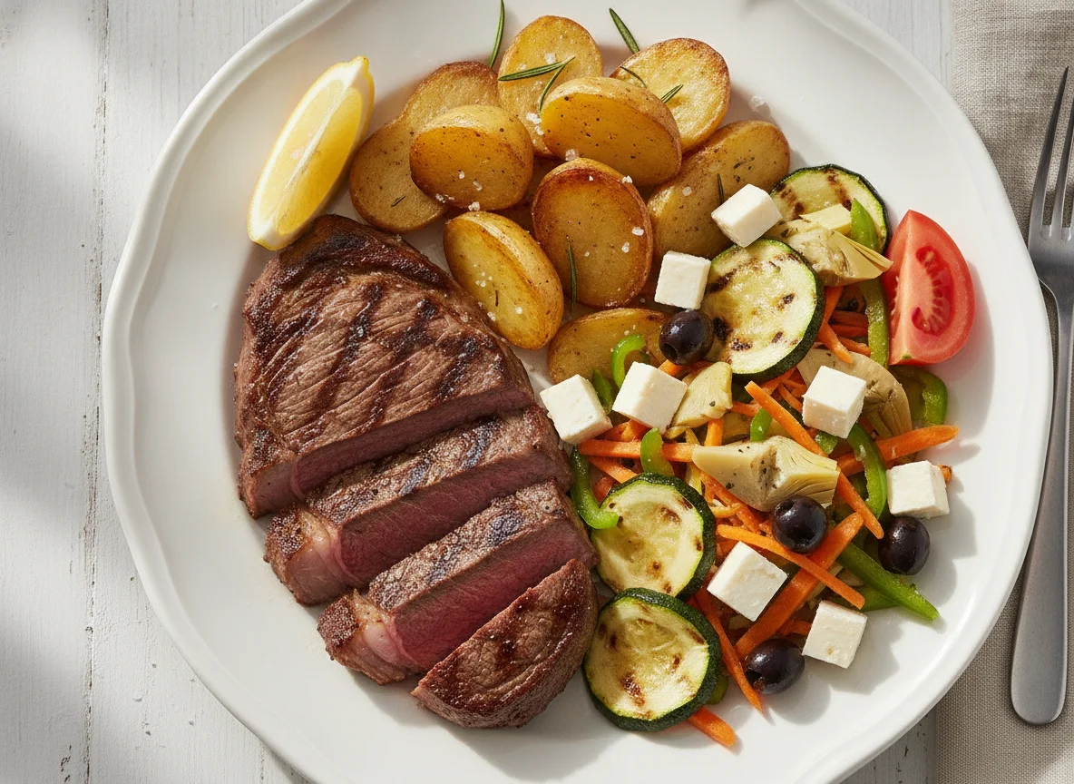 Beef steak with roasted potatoes and mixed salad photo