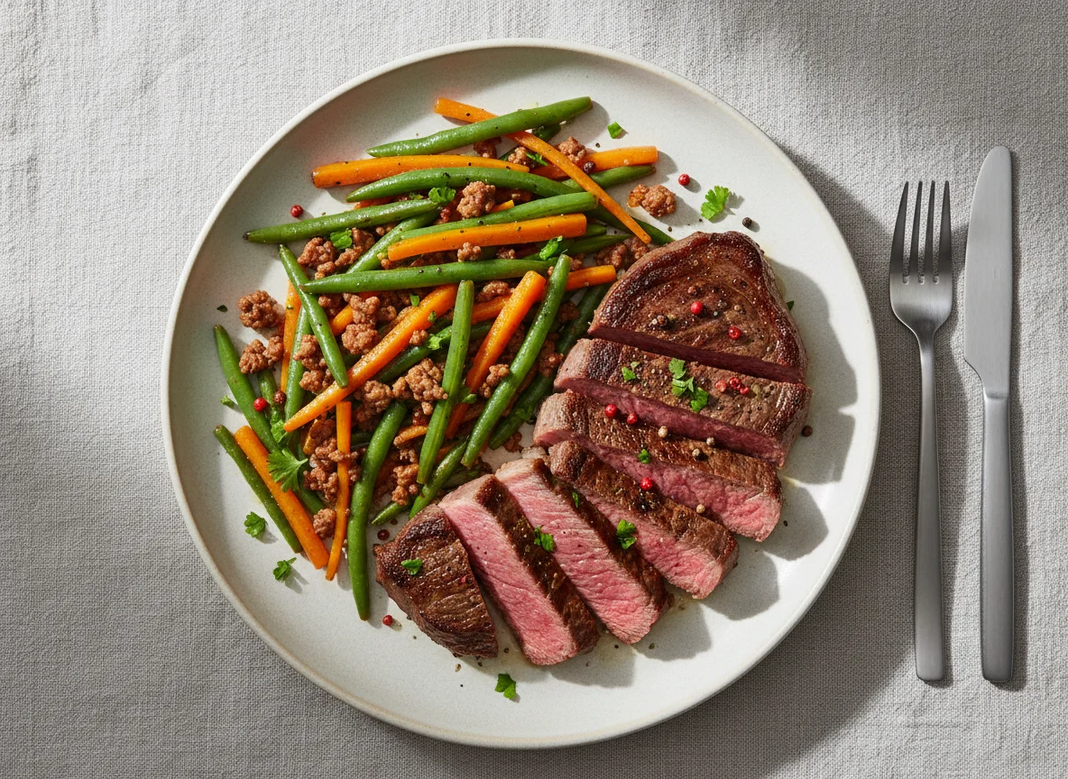 Beef Steak with Sautéed Green Beans and Carrots photo