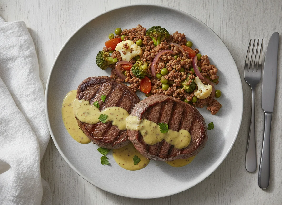 Beef steaks with stir-fried minced meat and vegetables photo