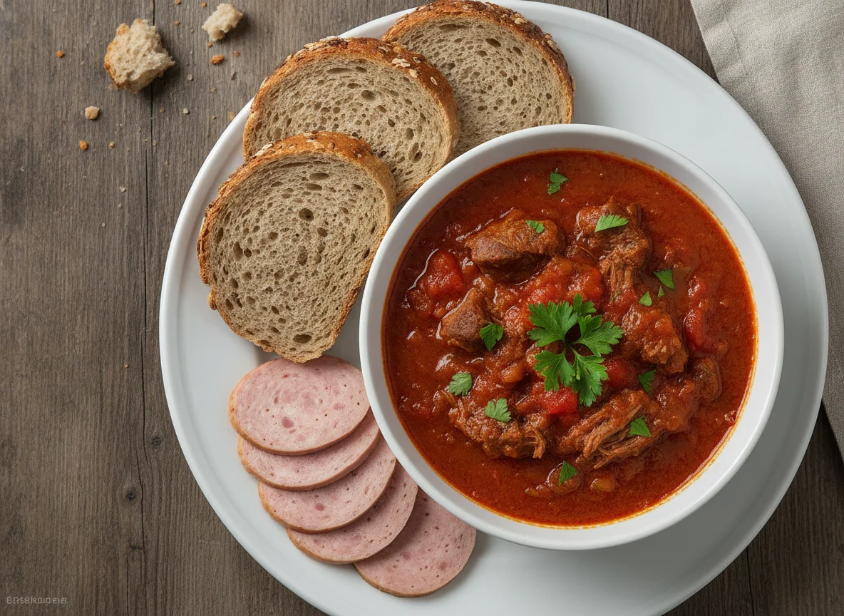 Beef stew with bread and cold cuts photo