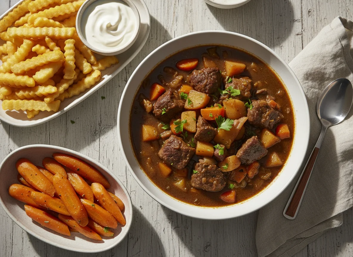 Beef Stew with French Fries and Carrots photo