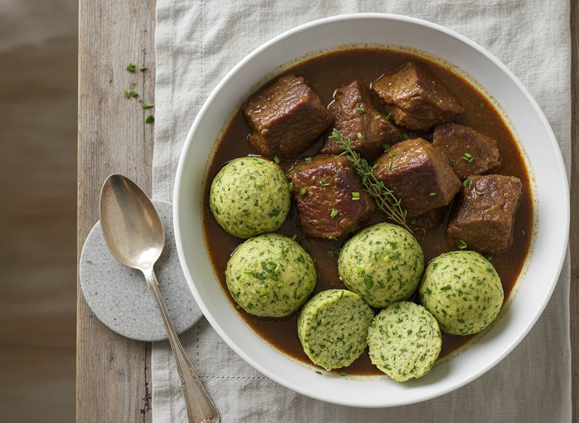 Beef stew with green dumpling photo