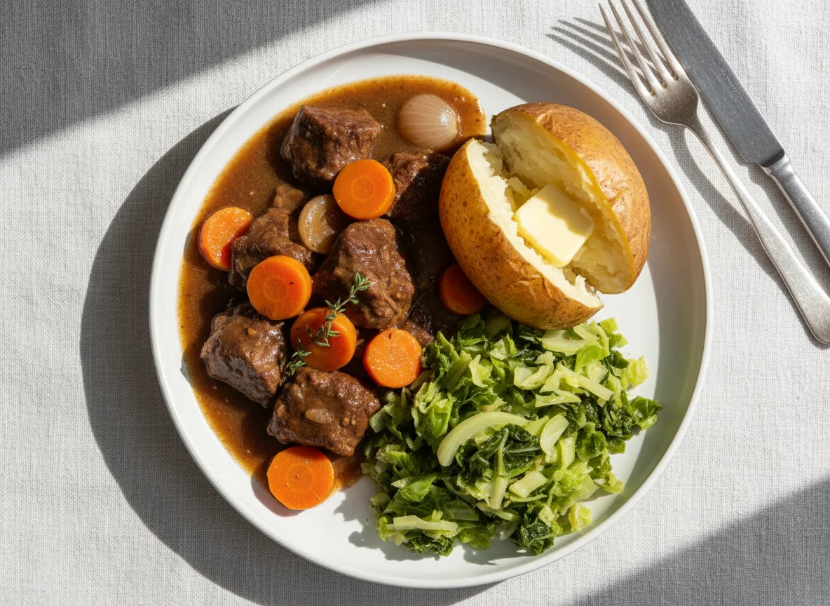 Beef Stew with Jacket Potato and Cabbage photo