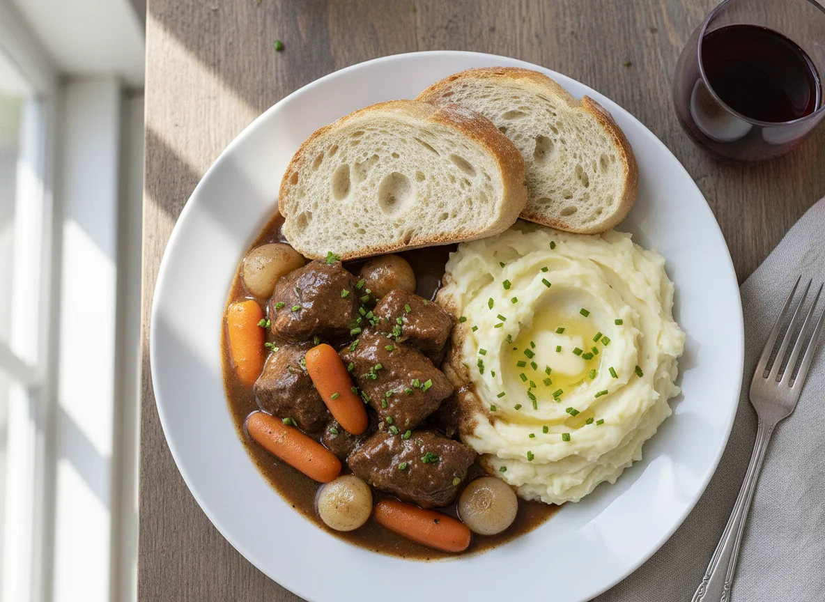 Beef Stew with Mashed Potatoes and Bread photo