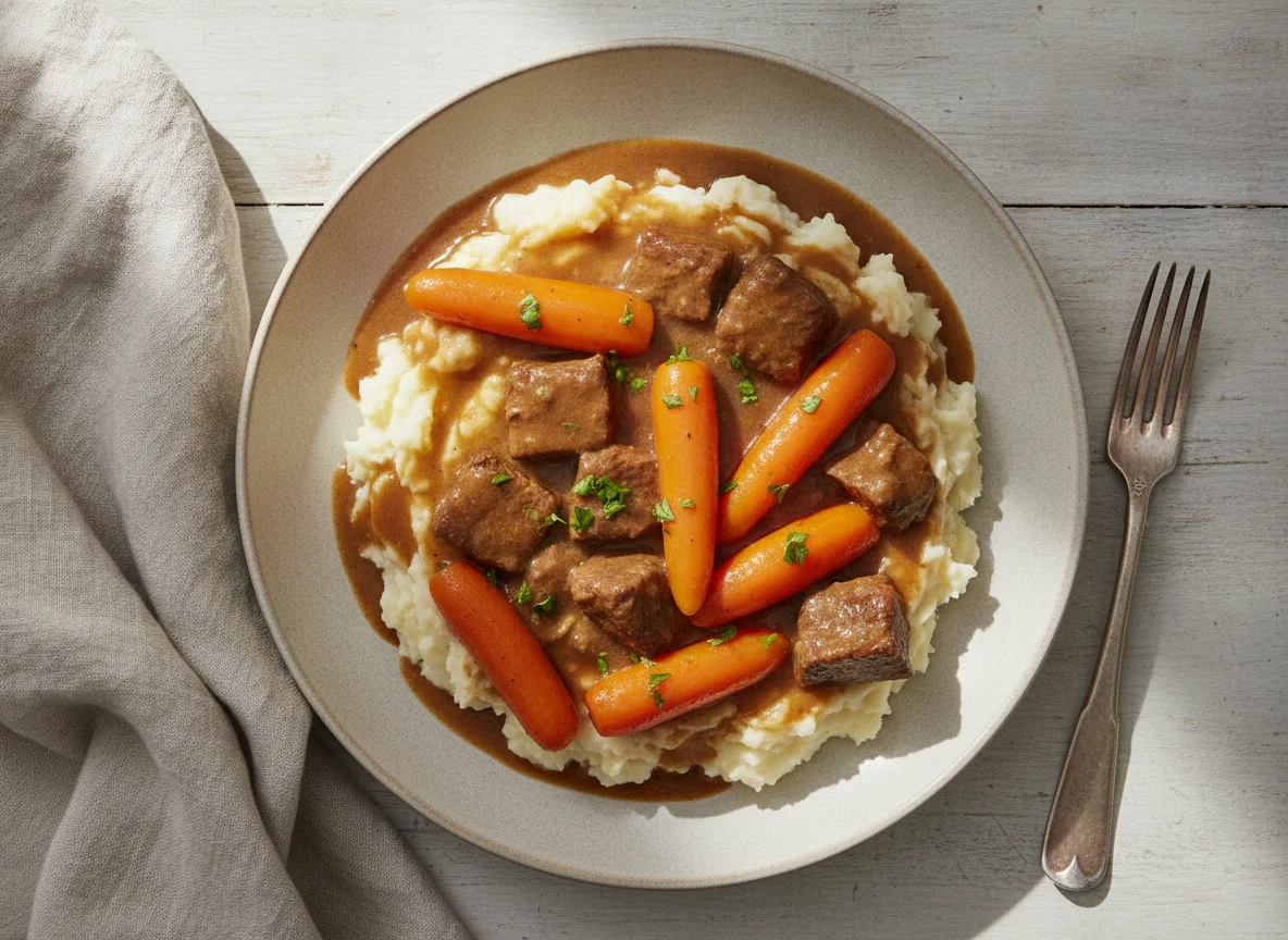 Beef stew with mashed potatoes and carrots photo