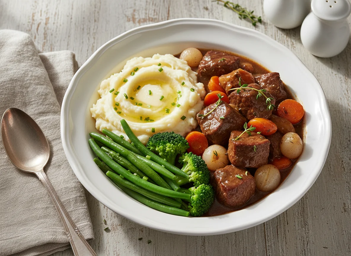 Beef Stew with Mashed Potatoes and Green Vegetables photo