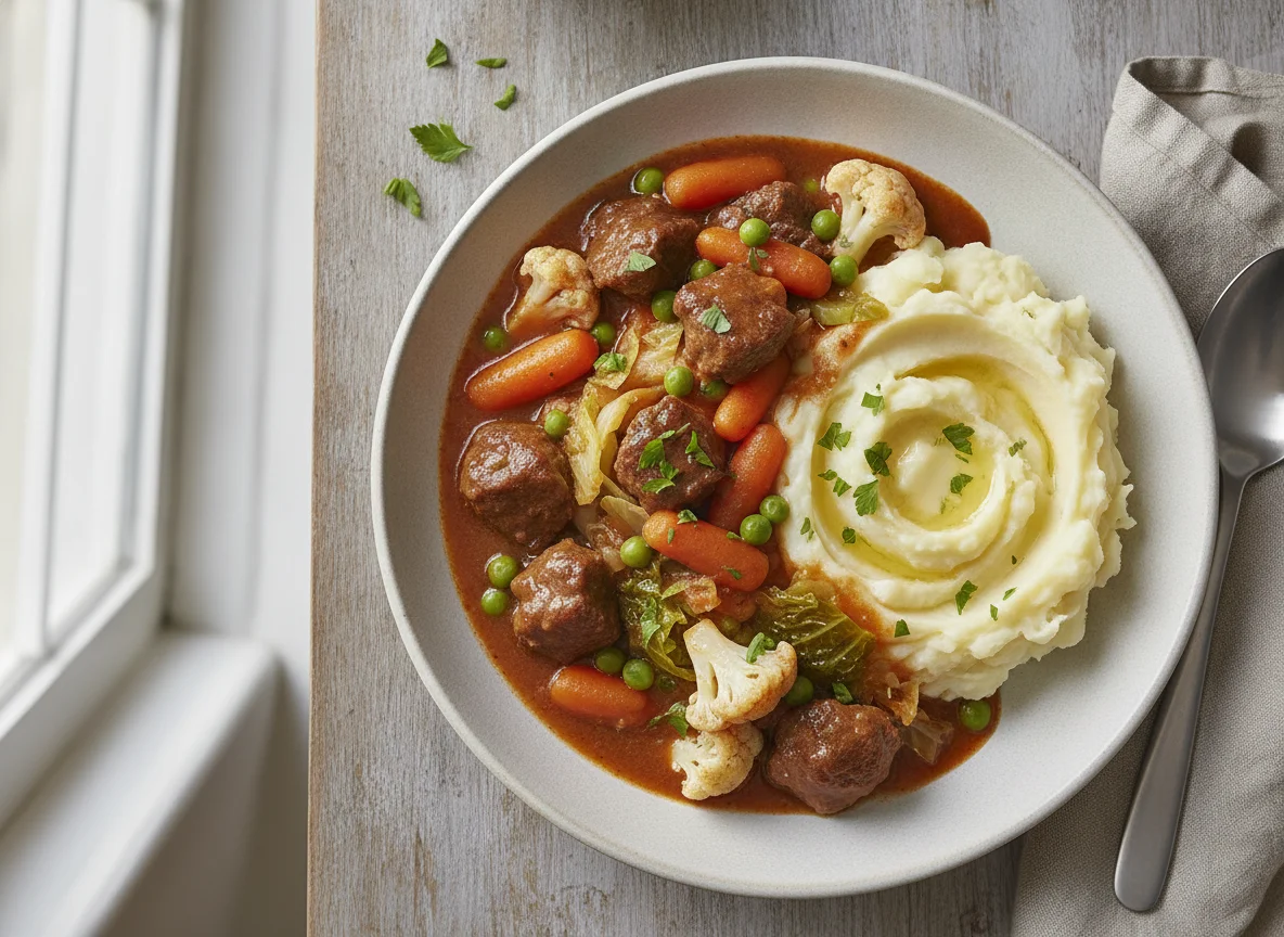 Beef Stew with Mashed Potatoes and Mixed Vegetables photo