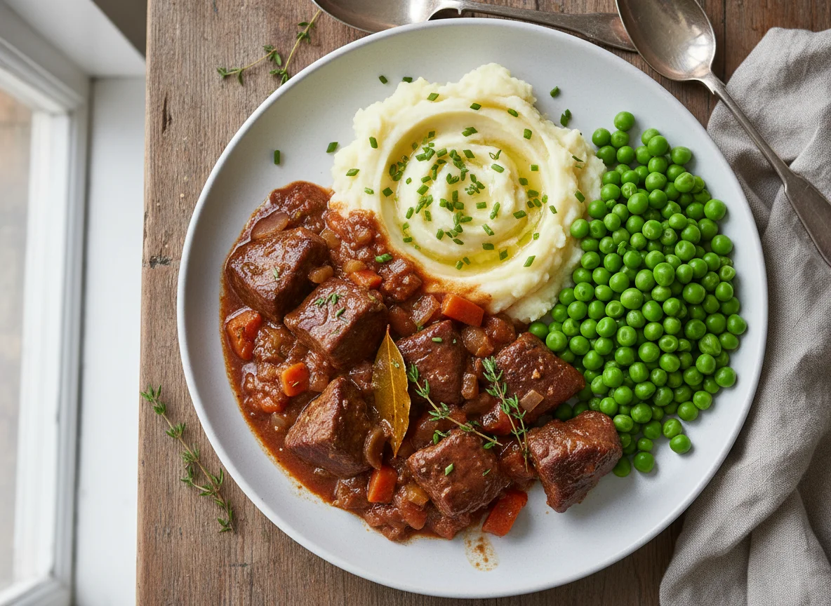 Beef Stew with Mashed Potatoes and Peas photo
