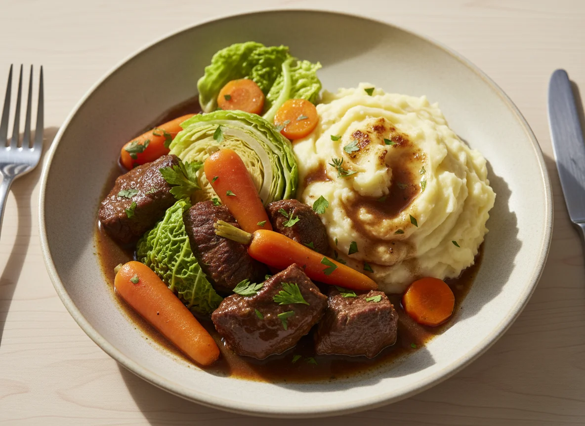 Beef Stew with Mashed Potatoes and Vegetables photo