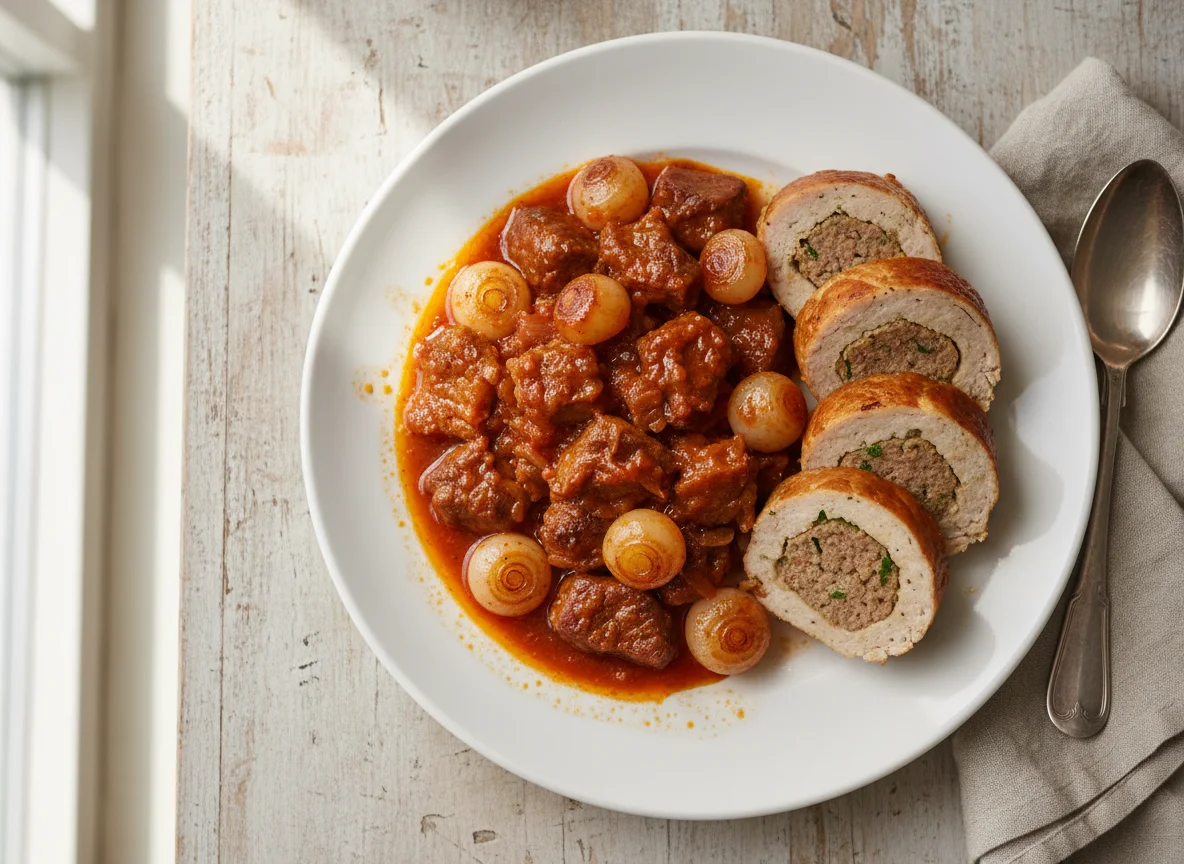 Beef Stew with Onions and Stuffed Pork Roll photo