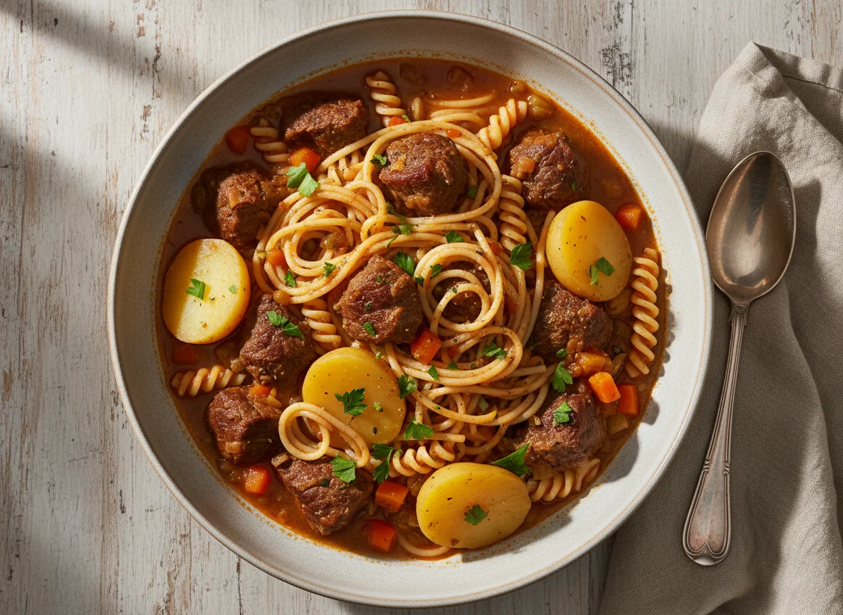Beef Stew with Potatoes and Spaghetti photo
