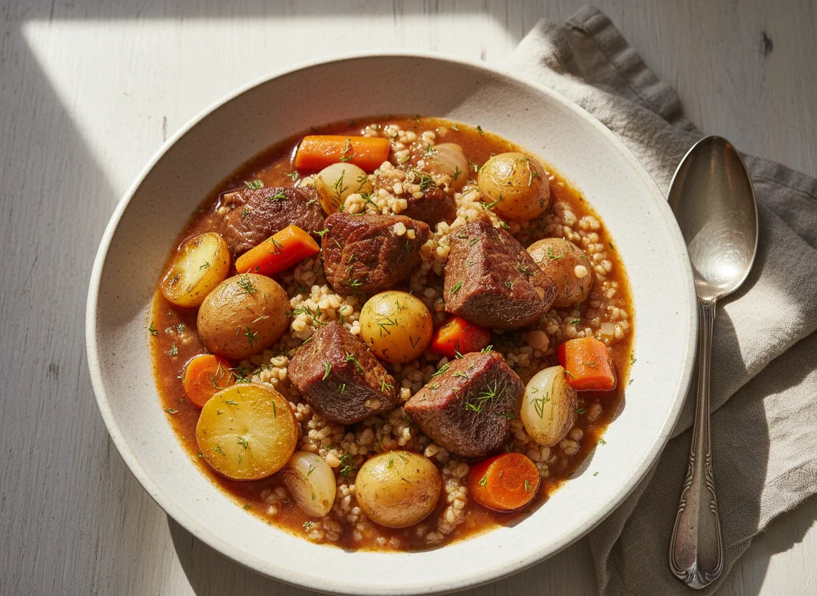 Beef Stew with Potatoes, Carrots, Onions, Dill and Bulgur photo